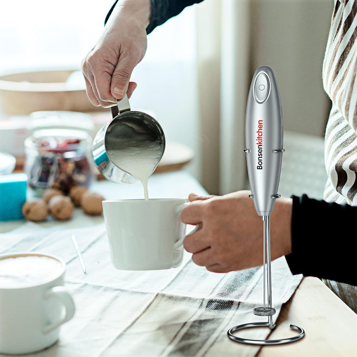 Electric Milk Frother Handheld, Portable Whisk Milk Foam Maker with Stainless Steel Stand, Drink Mixer for Coffee, Matcha, Electric Stirrer Coffee Mixer, Battery Operated(Not Included)