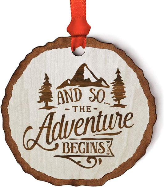 Real Wood Rustic Farmhouse Christmas Ornament, Engraved Wood Slab and so the Adventure Begins 1-Pack Christmas Wedding Hiking Ornaments for Christmas Tree Hiking Christmas Ornament