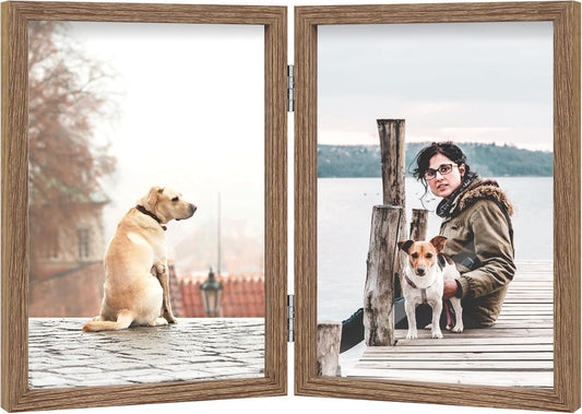 4X6 Double Picture Frame Wooden Hinged Photo Frame Definition Glass Stand Vertically on Desktop or Tabletop
