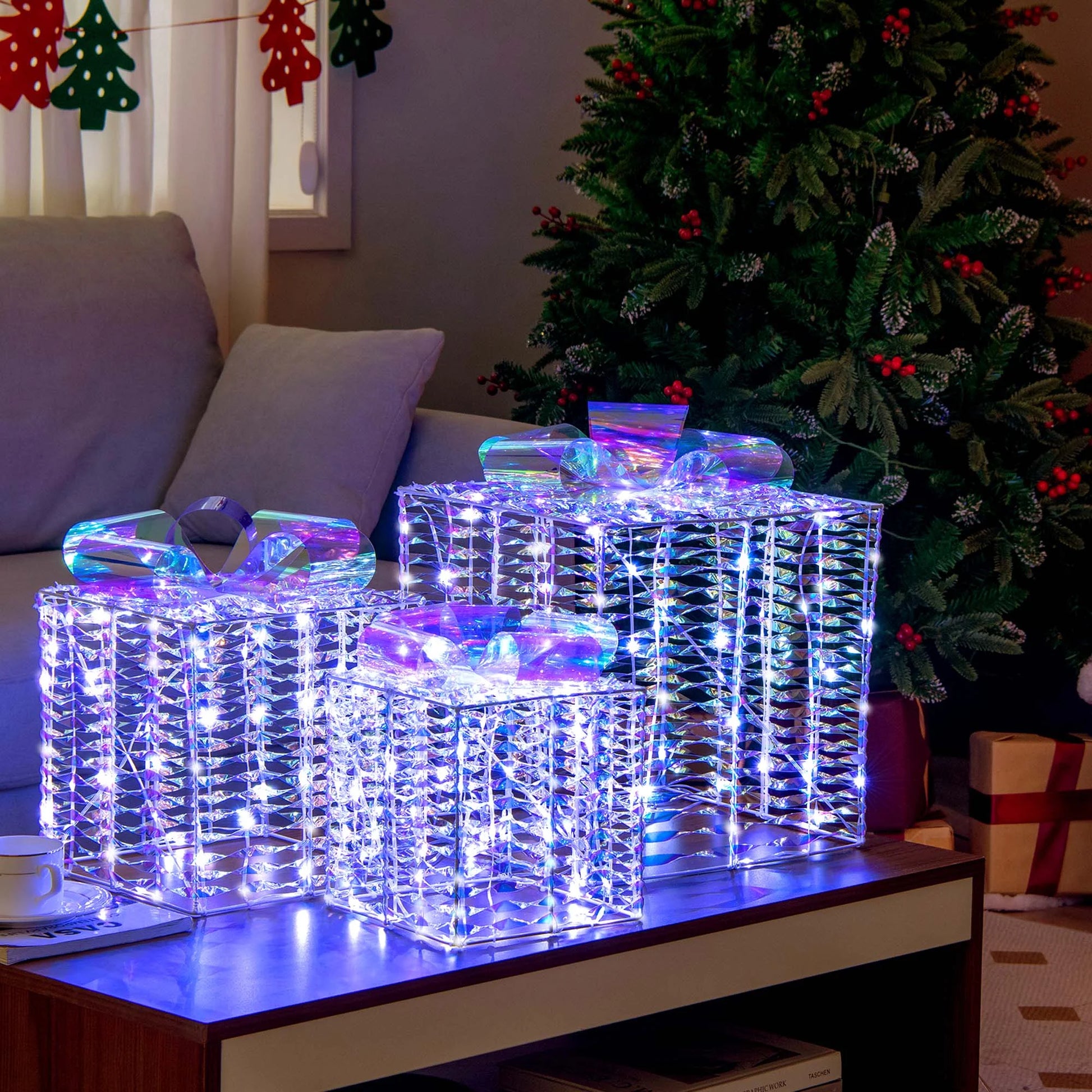 Set of 3 Iridescent Christmas Gift Box LED Lighted Present Box Decoration Yard