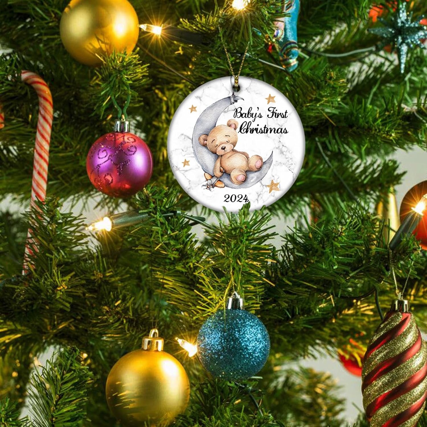 Baby'S First Christmas 2025 Boy Bear on the Moon Baby Ornament Christmas Wedding Decoration Baby Ornament Newlywed 2025 (Yellow and White Baby Bear)