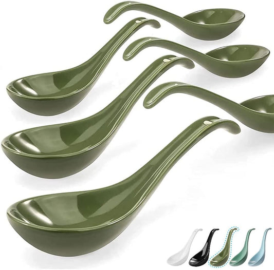 6.75 Inch Solid Asian Soup Spoon Set of 6,Ultra-Fine Porcelain Japanese Soup Spoon,Ramen Spoons for Pho Noodles Miso, Chinese Soup Spoons for Dumpling Wonton Cereal, Deep Oval Hook Design-Green
