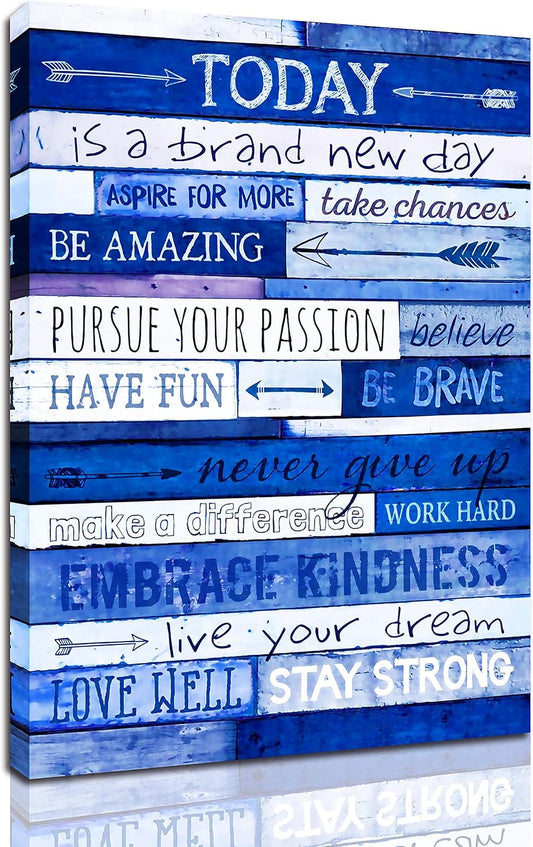 Inspirational Quotes Office Decor - Blue Motivational Wall Art - Framed Canvas Size 12X16 Inches