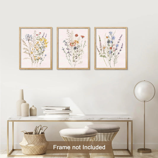 Adhesive Canvas Print Wall Art Set - Multicolor Wildflowers Poster Art - Set of 3 Watercolor Nature Wilderness Floral Botanical Vintage Wall Décor for Living Room - 12"X16"