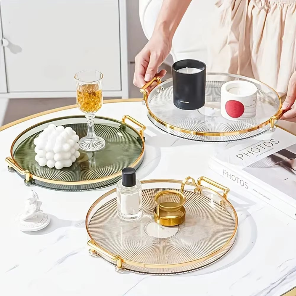 1PCS Acrylic round Tray,Multipurpose Double Ear Plate with Gold Handles for Coffee Fruits,Storage Trays Living Room Decorative