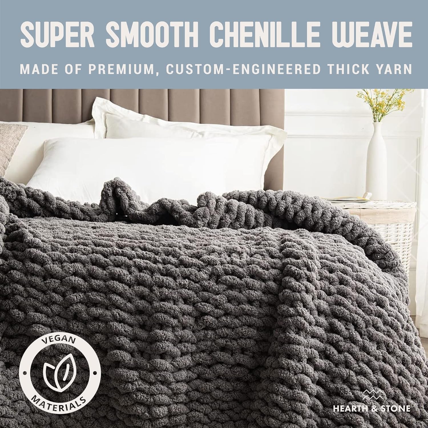 Chunky Knit Blanket (60X80 Inches) - Soft Knitted Yarn Blanket Large Gray - Handmade Throw Blanket Grey - Crochet Throw Blanket for Sofa, Bed, Couch (Slate Grey, 60X80 In)