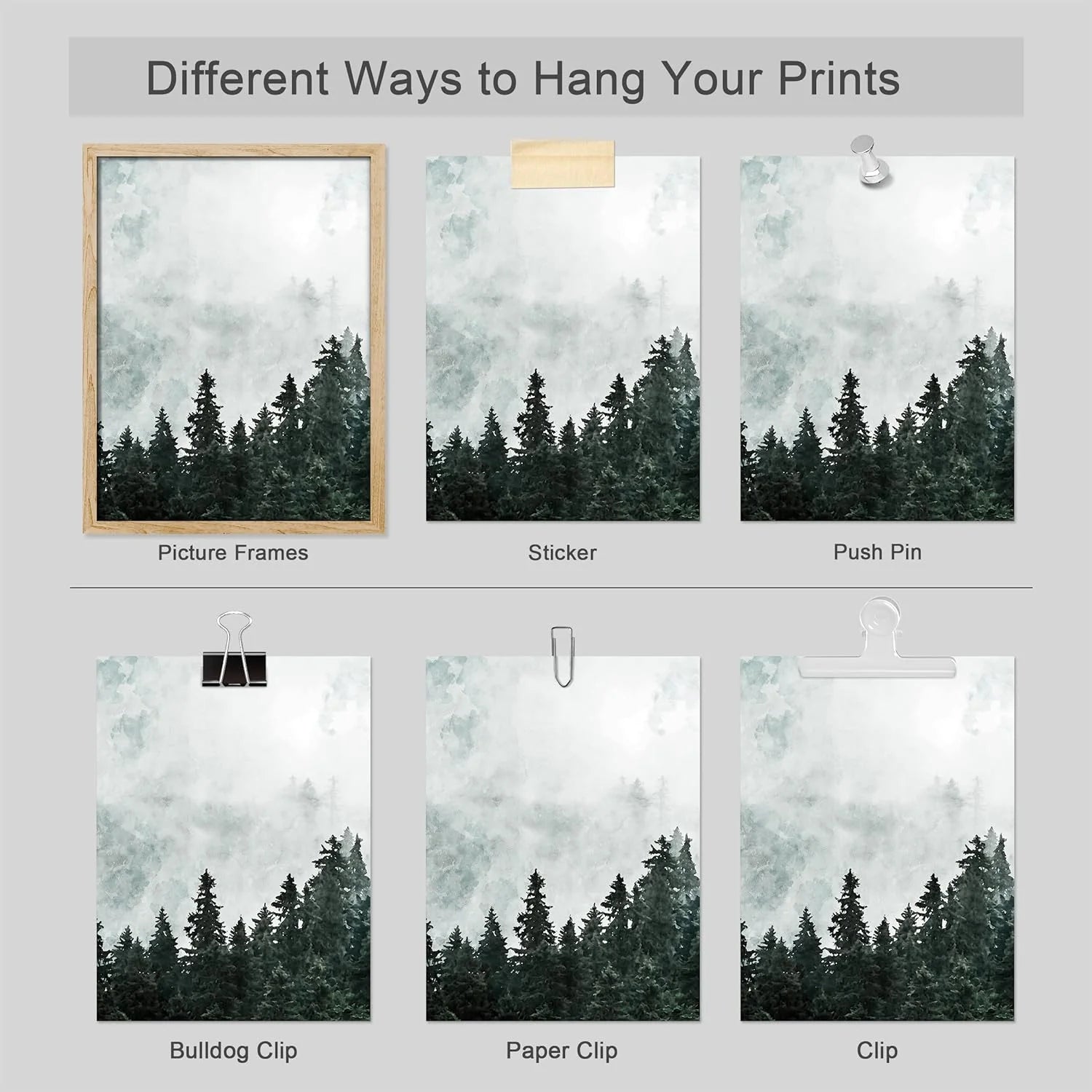 Adhesive Canvas Print Wall Art Set - Foggy Pine Tree Forest Misty Mountain Art - Set of 3 Nature Wilderness Landscape Artwork Illustrations Wall Décor - 12"X16"X3 Panels Unframed