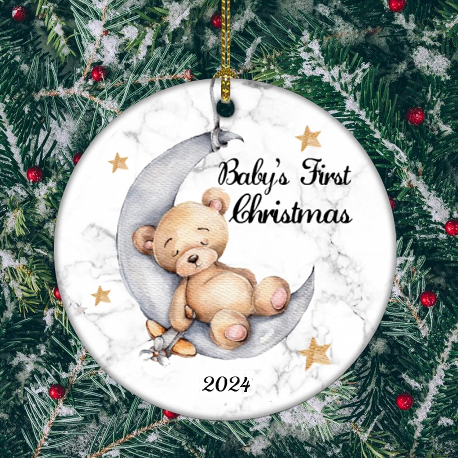 Baby'S First Christmas 2025 Boy Bear on the Moon Baby Ornament Christmas Wedding Decoration Baby Ornament Newlywed 2025 (Yellow and White Baby Bear)