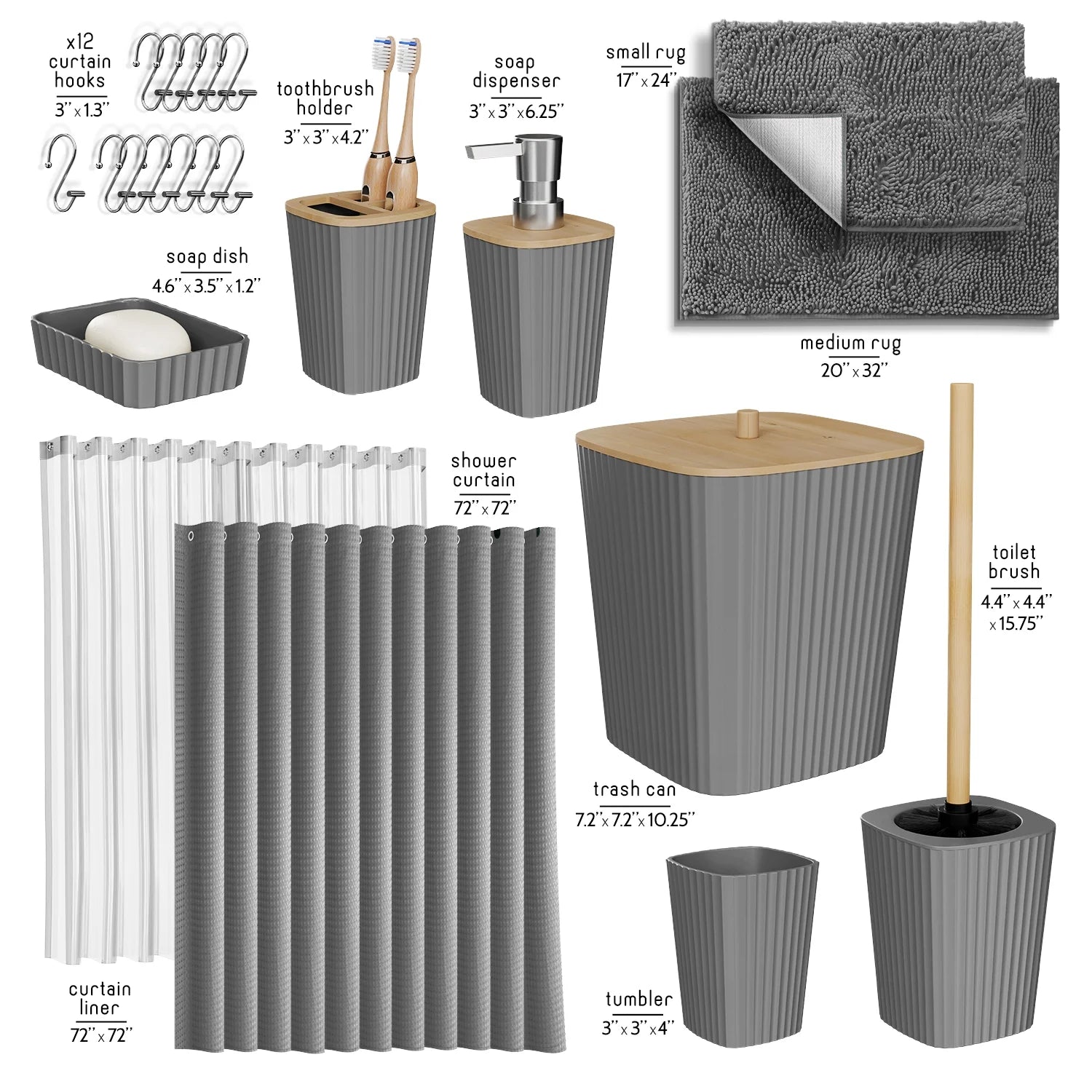 22 Piece Bamboo Bathroom Sets, Gray Bathroom Accessories Sets for Minimalistic Bathroom Décor