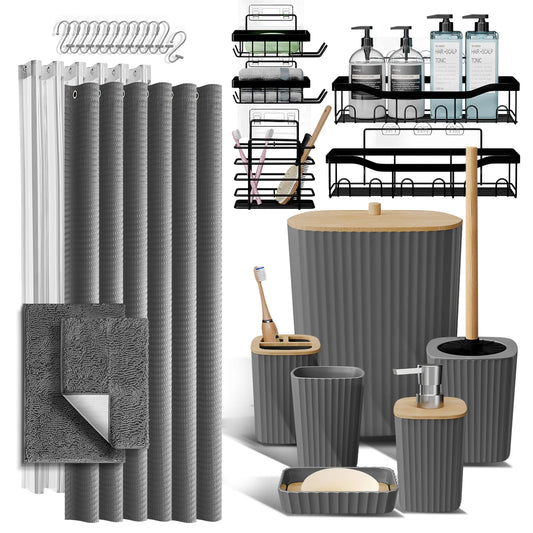 27 Piece Bamboo Bathroom Sets, Gray Bathroom Accessories Set with Bathroom Rugs and Shower Caddy Set