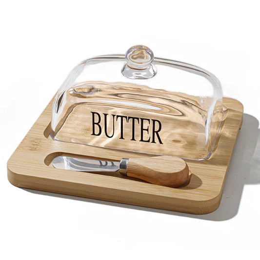Bamboo Butter Dish with Glass Lid and Cutter, Reusable Butter Storage Dish Butter Case, Butter Container, Kitchen Tool