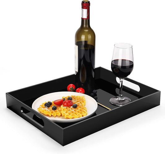 Acrylic Serving Trays with Handles, 16"X 12" Rectangle Sturdy Breakfast Tray, Black Decorative Trays Organiser for Bedroom, Kitchen, Living Room, Bathroom, Hospital and Outdoors