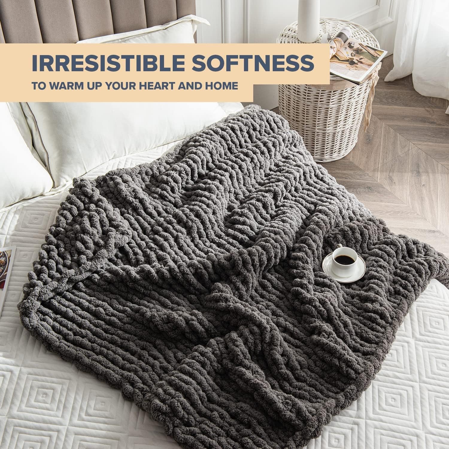 Chunky Knit Blanket Throw – 50" X 60", 3.7 Lbs – Handwoven Soft Chenille Yarn, Fluffy and Smooth – Machine Washable Cable Knit Blanket for Couch, Bed, and Living Room – Slate Grey