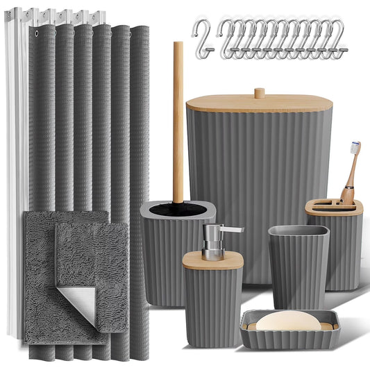22 Piece Bamboo Bathroom Sets, Gray Bathroom Accessories Sets for Minimalistic Bathroom Décor