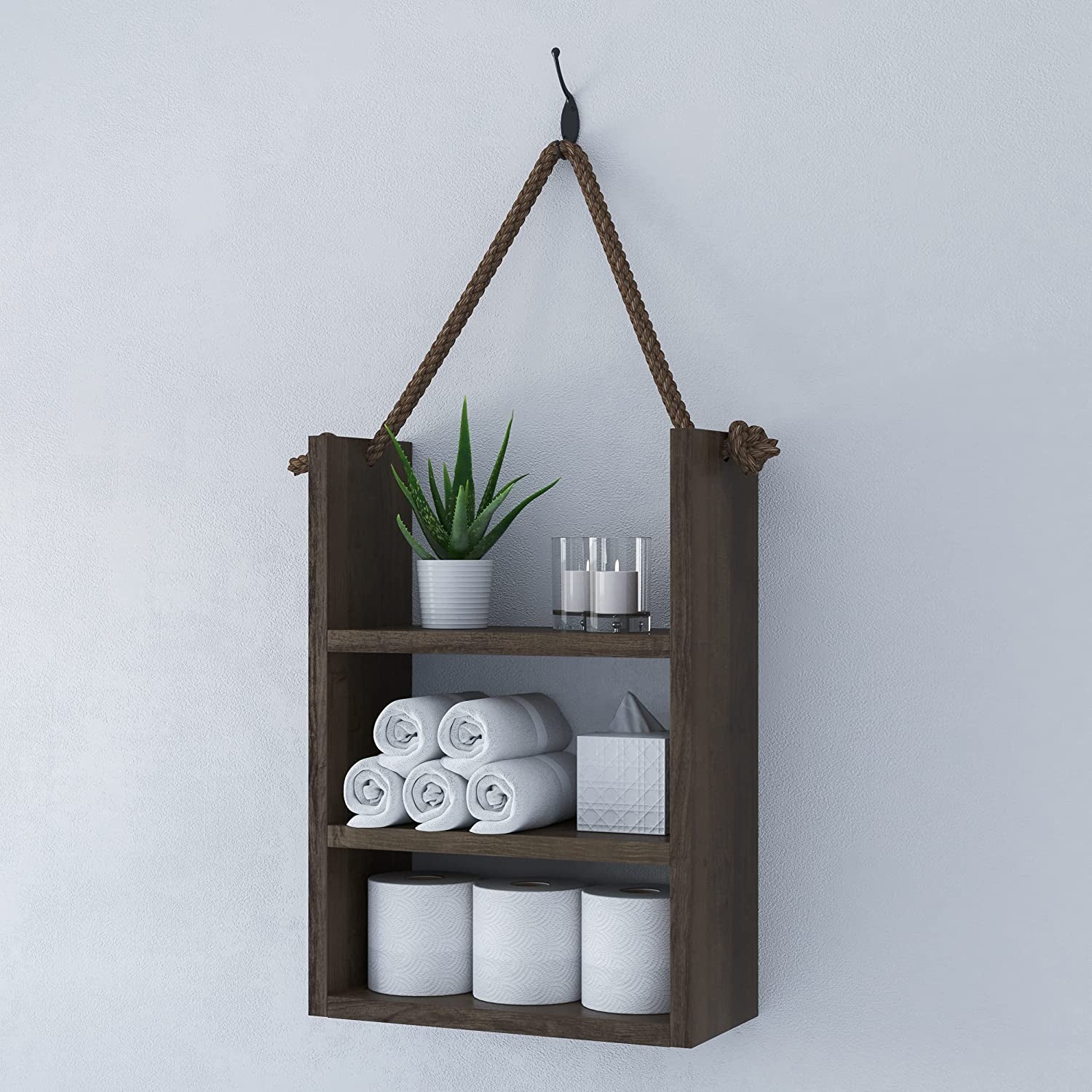 SFC Rustic Wood Bathroom Shelf over Toilet, Wall Mounted, Ladder Style Rope Hanging Shelf (Large)