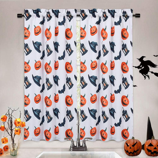 Halloween Kitchen Curtains 45 Inch Length, Pumpkins/Bats/Witch Hat/Lanterns Printed Halloween Decorations Short Tier Curtain Cafe Kitchen Curtains