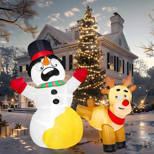 6.6 Ft Christmas Inflatables Reindeer Snowman Outdoor Decorations,Christmas Reindeer Peeing on Snowman Blow Ups Yard with Built-In Leds for Holiday Party Garden Lawn Decor