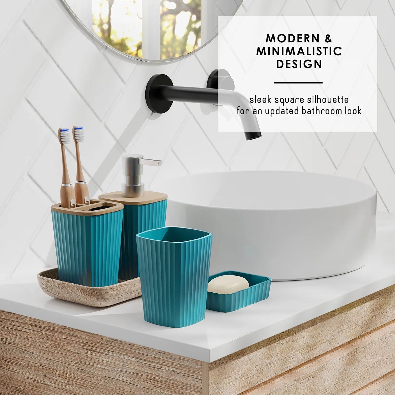 22 Piece Bamboo Bathroom Sets, Teal Blue Bathroom Accessories Sets for Minimalistic Bathroom Décor