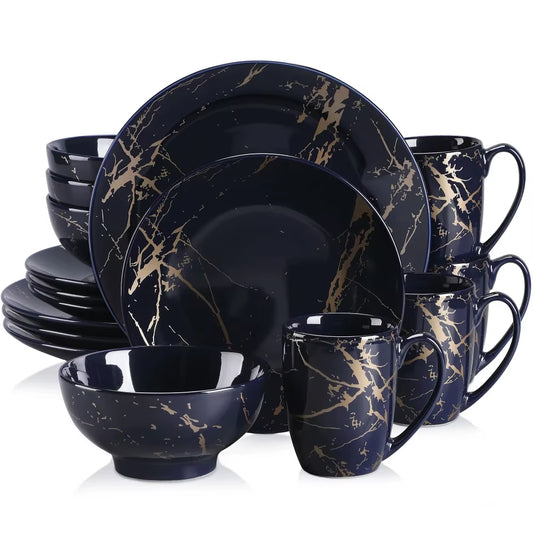 LOVECASA Ceramic Tableware Set 16 Piece Procelain Tableware Design by Gold Splash with Dinner Plate Cake Plate Bowls Coffee Cups