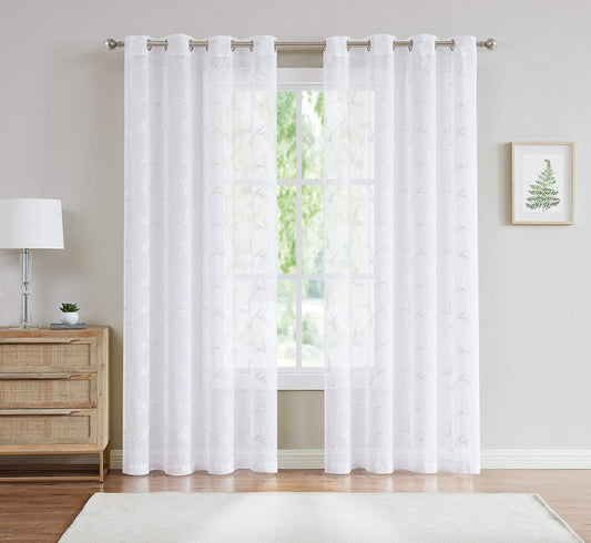 Pair of 2 Sheer White Curtains with White Leaf Embroidery. Modern Farmhouse Curtains for Living Room, for Kitchen or Bedroom Decor. (Maria 54 X 63 White)