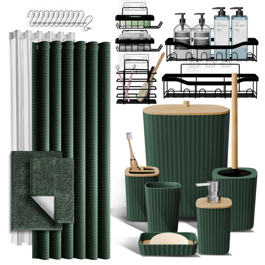 27 Piece Bamboo Bathroom Sets, Hunter Green Bathroom Accessories Set with Bathroom Rugs and Shower Caddy Set