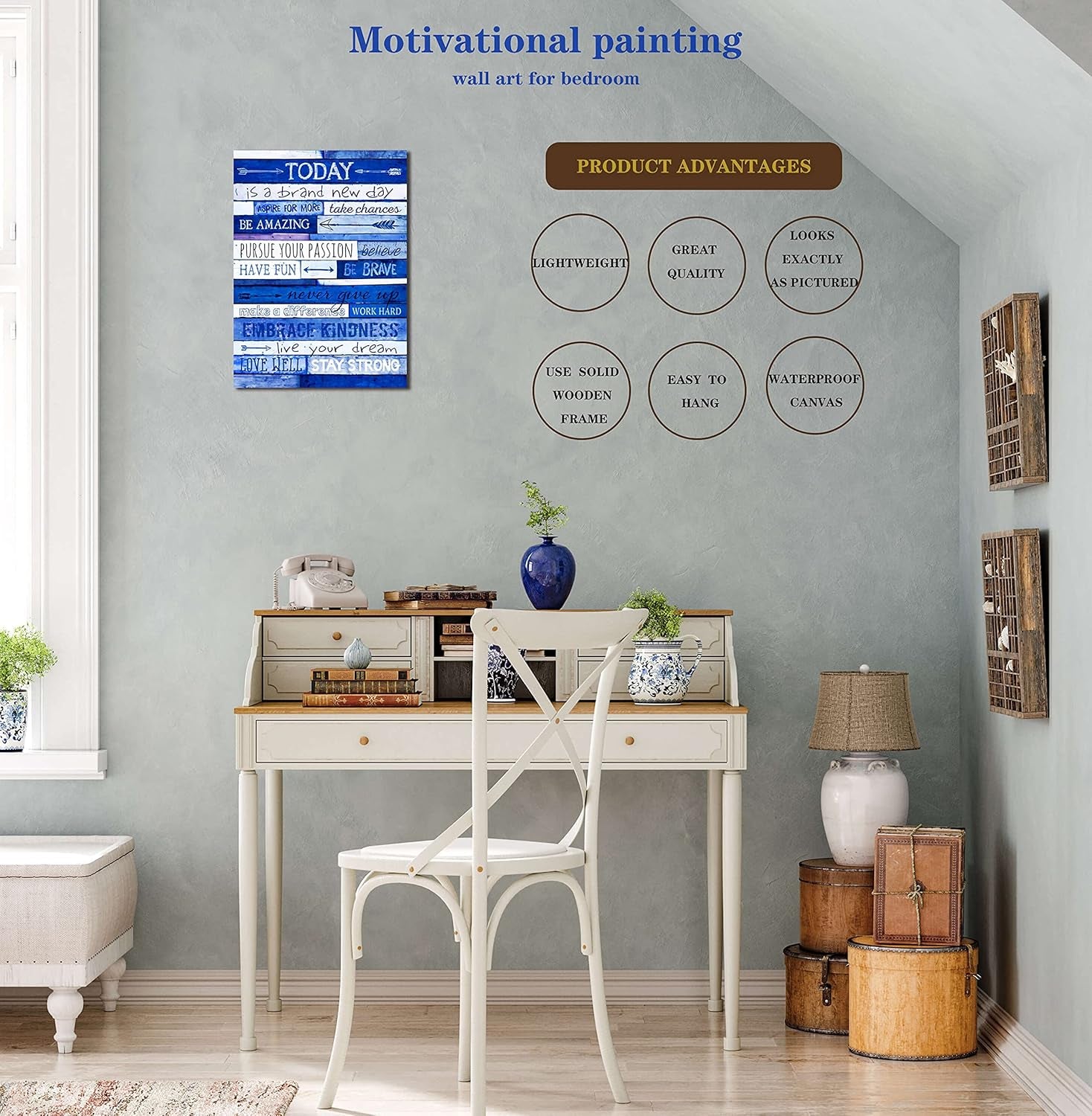 Inspirational Quotes Office Decor - Blue Motivational Wall Art - Framed Canvas Size 12X16 Inches