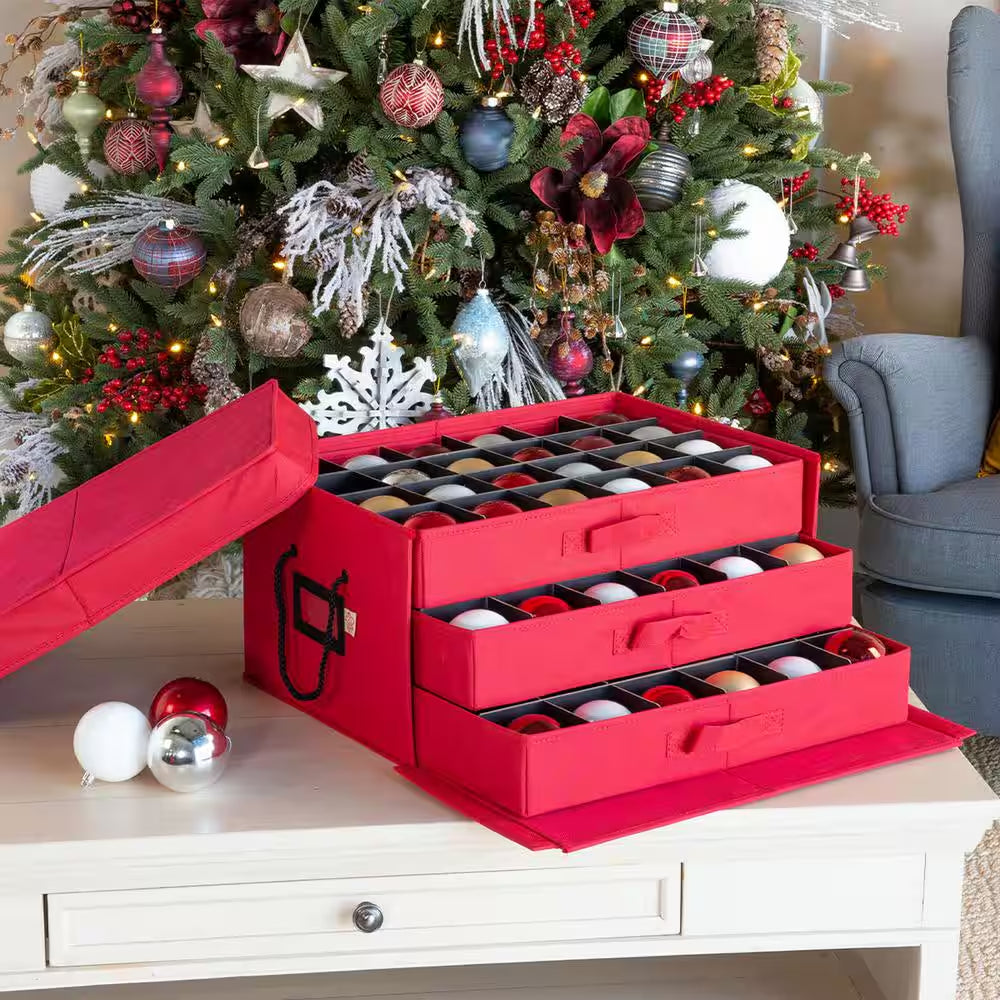 3-Drawer Christmas Ornament Storage Box (72 Ornaments) - Red