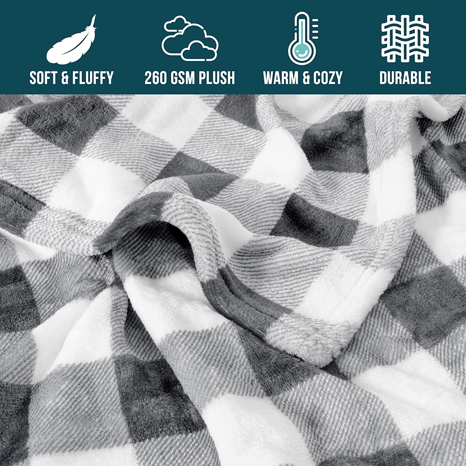 Light Grey Buffalo Plaid Throw Blanket for Couch, Soft Checkered Flannel Fleece Blanket for Sofa, Grey White Plaid Decorative Couch Throw, Warm Cozy All Season Fall Blanket Decor Gift, 50X60