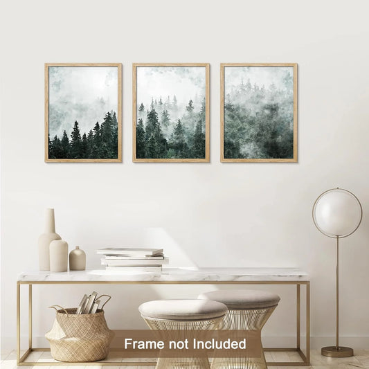 Adhesive Canvas Print Wall Art Set - Foggy Pine Tree Forest Misty Mountain Art - Set of 3 Nature Wilderness Landscape Artwork Illustrations Wall Décor - 12"X16"X3 Panels Unframed