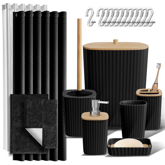 22 Piece Bamboo Bathroom Sets, Black Bathroom Accessories Set for Minimalistic Bathroom Décor
