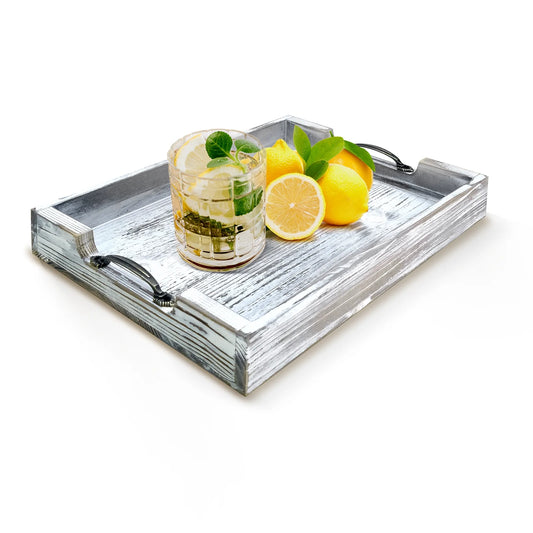 White Large Rustic Wooden Ottoman Tray - 15.7''X11.8'' Rectangle Wood Serving Tray with Handles for Coffee Table Cup Mugs