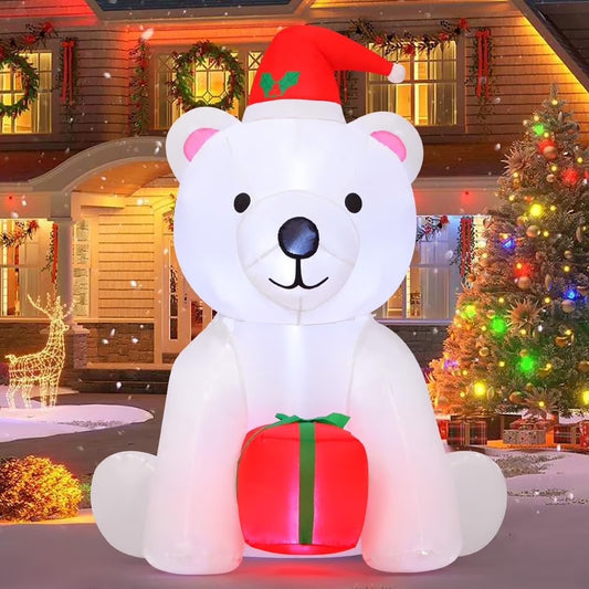 Christmas Inflatables 5 FT Polar Bear Blow up with LED Lights, Cute Inflatable Polar Bear Holding Present, Outdoor Christmas Decorations Polar Bear Inflatable for Xmas Holiday Party