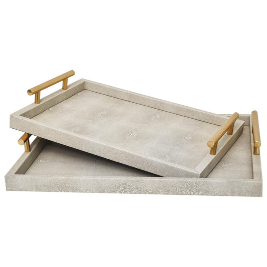 Set of 2 Wood Serving Tray with Handles Modern Decorative Ivory Shagreen Leather