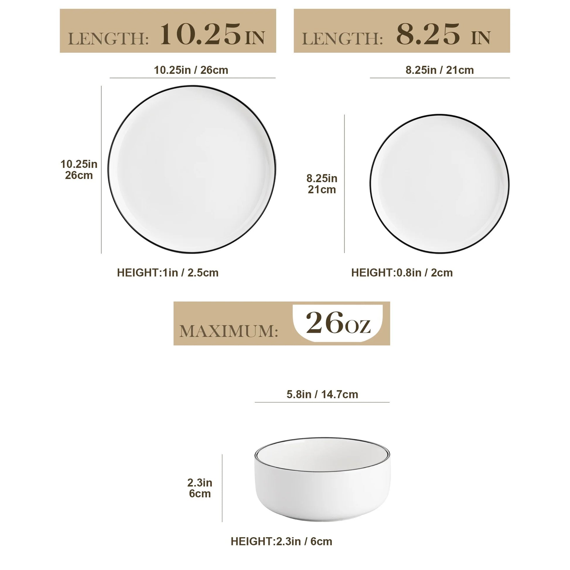 12 Pcs Dinnerware Sets, Plates and Bowls Set for 4, Ceramic Dinner Set, White and Black