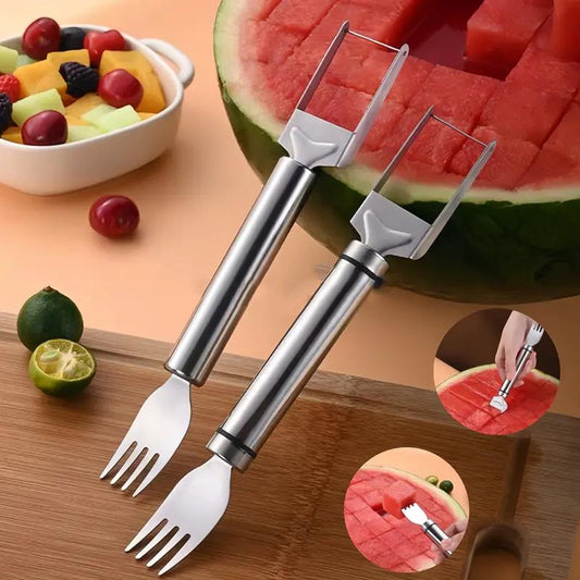 【2 Count】Watermelon Fork Slicer Cutter Slicertool,2-In-1 Stainless Steel Fruit Cutter,Dual Head Fruit Forks Slicer Knife with round Handle,Fruit Cutting Kitchen Utensils,Portable Modern,Mirrorzone.Smartliving