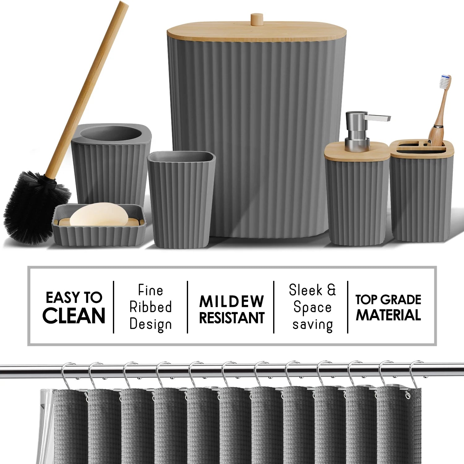 27 Piece Bamboo Bathroom Sets, Gray Bathroom Accessories Set with Bathroom Rugs and Shower Caddy Set