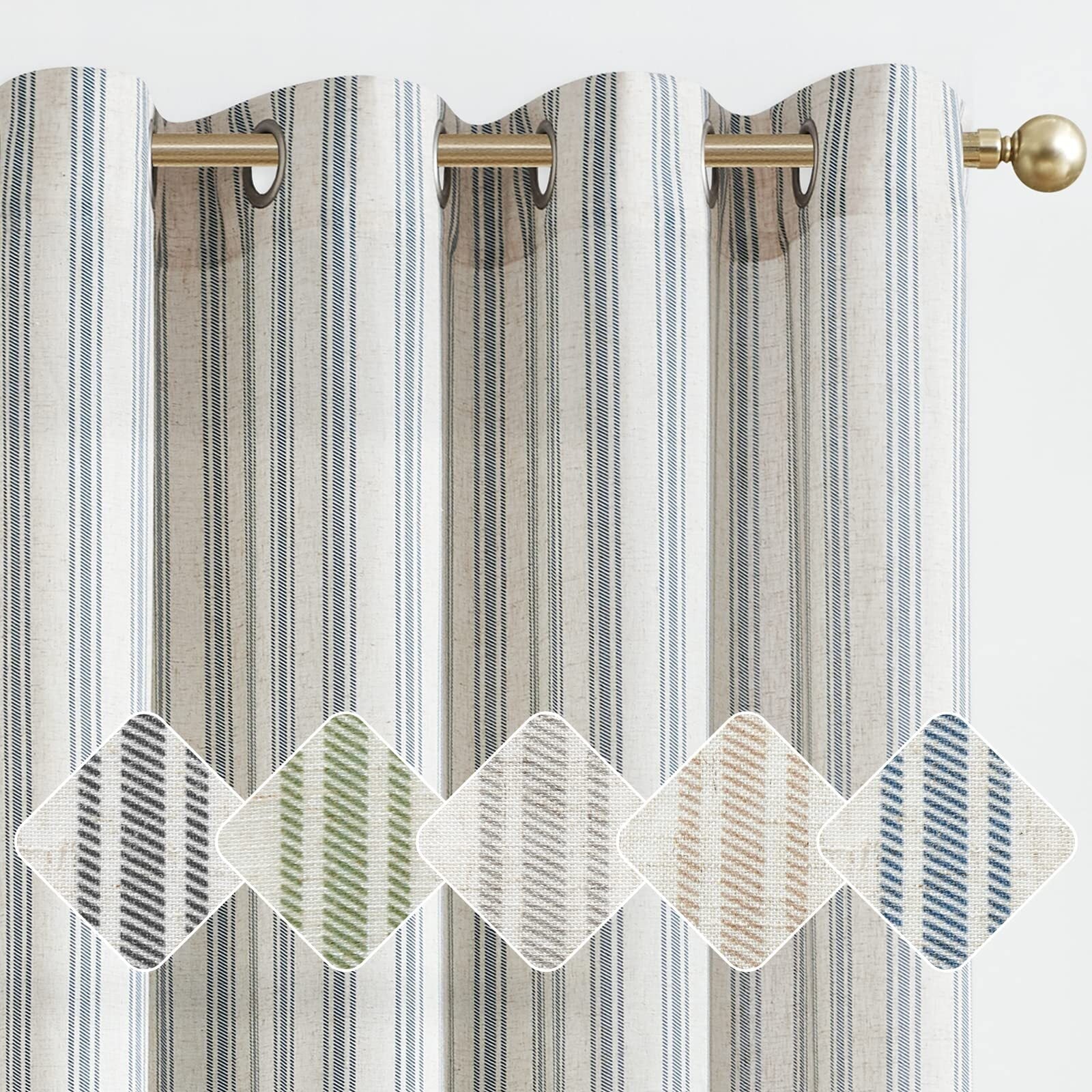 Blue Striped Curtains Linen Farmhouse Living Room Curtains Ticking Stripe Curtains Rustic Pinstripe Curtains Grommet 2 Panels 50" X 63"