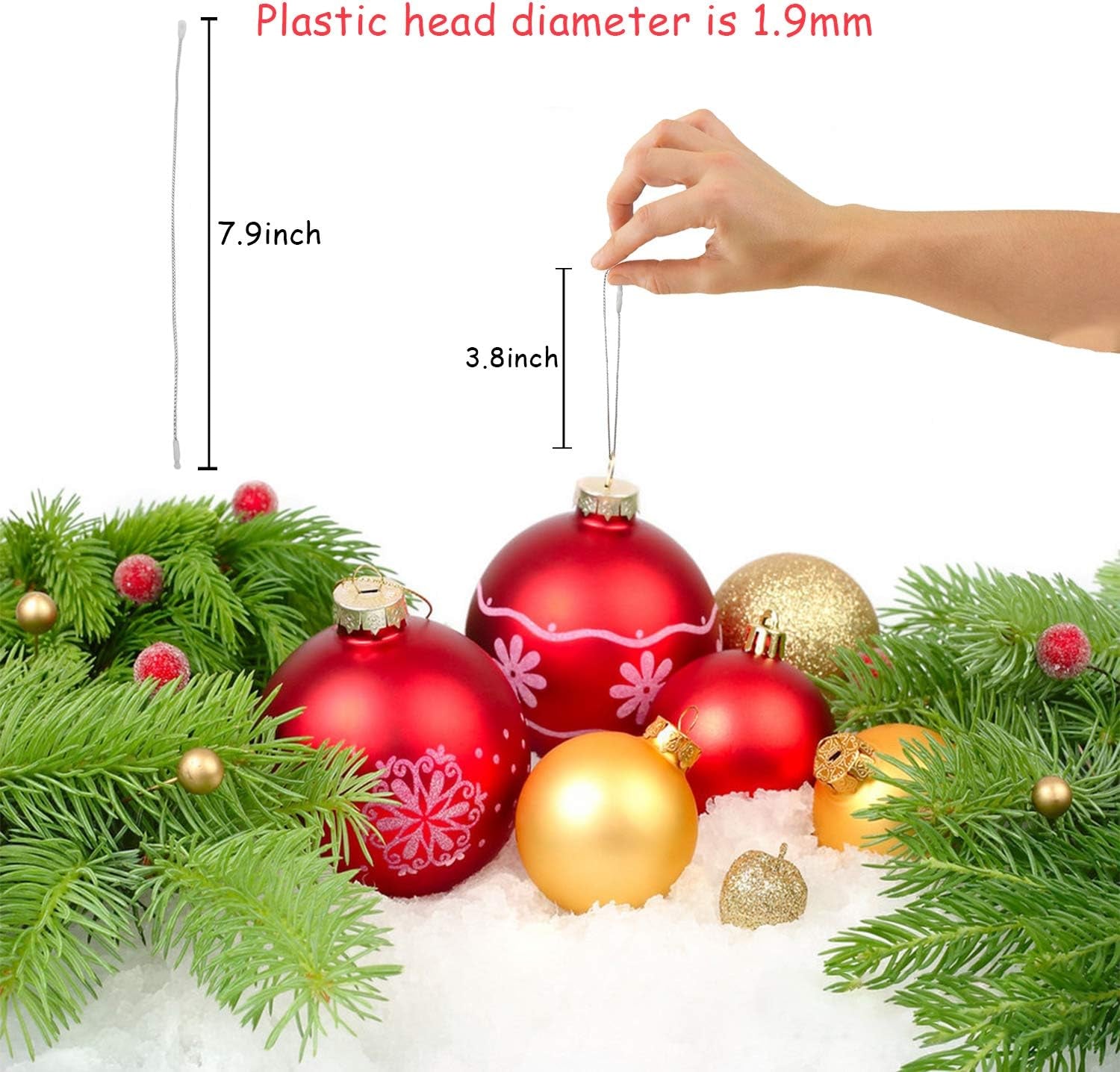 200Pcs Christmas Ornaments String Hanger Silver Precut Ribbon Hook for Christmas Tree Ornament Decorations with Snap Fastener
