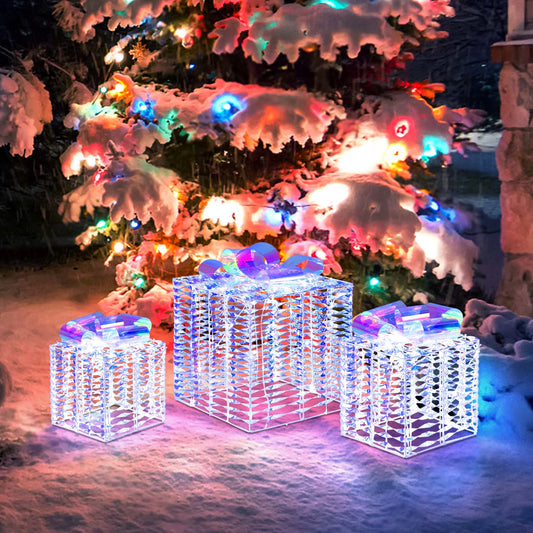 Set of 3 Iridescent Christmas Gift Box LED Lighted Present Box Decoration Yard