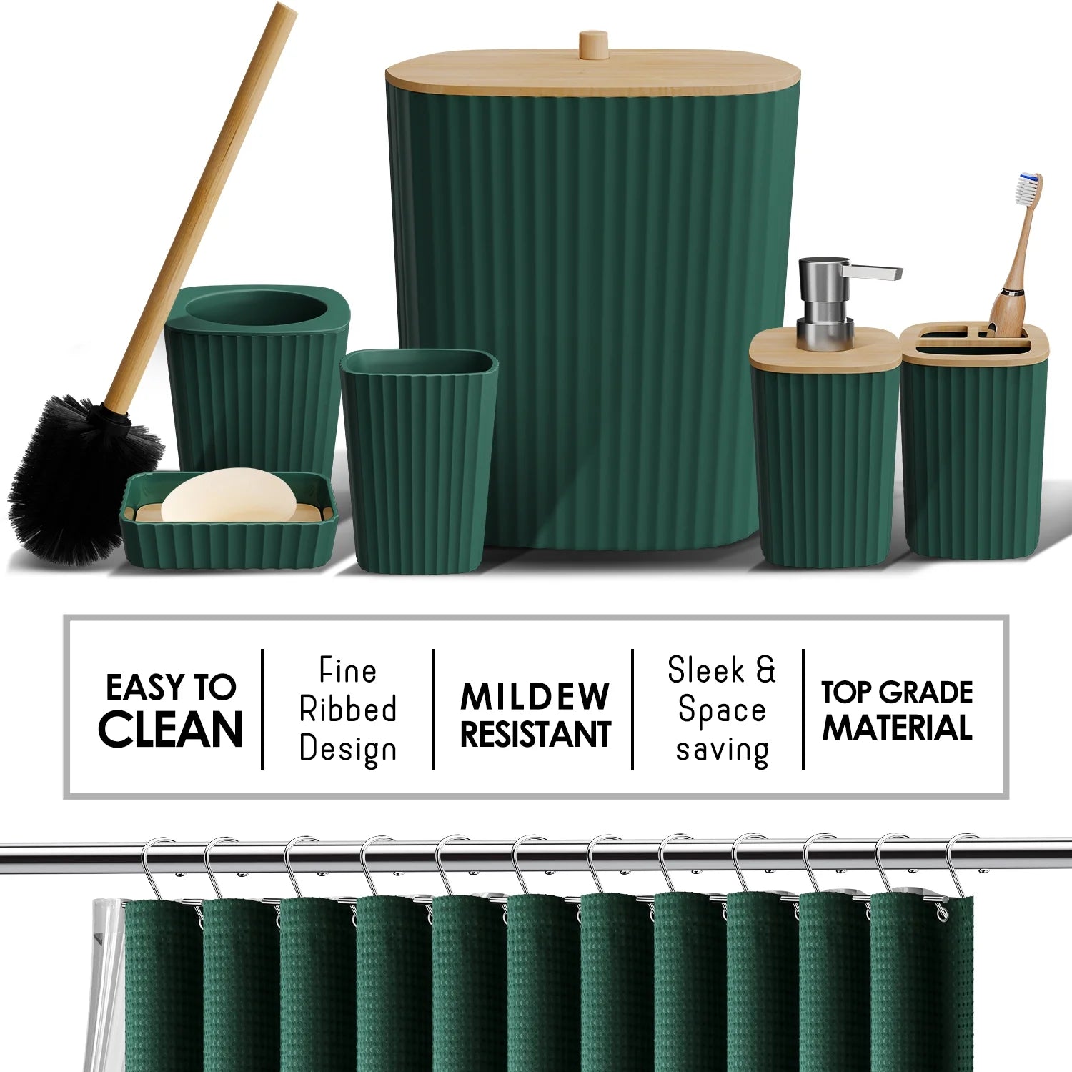 27 Piece Bamboo Bathroom Sets, Hunter Green Bathroom Accessories Set with Bathroom Rugs and Shower Caddy Set