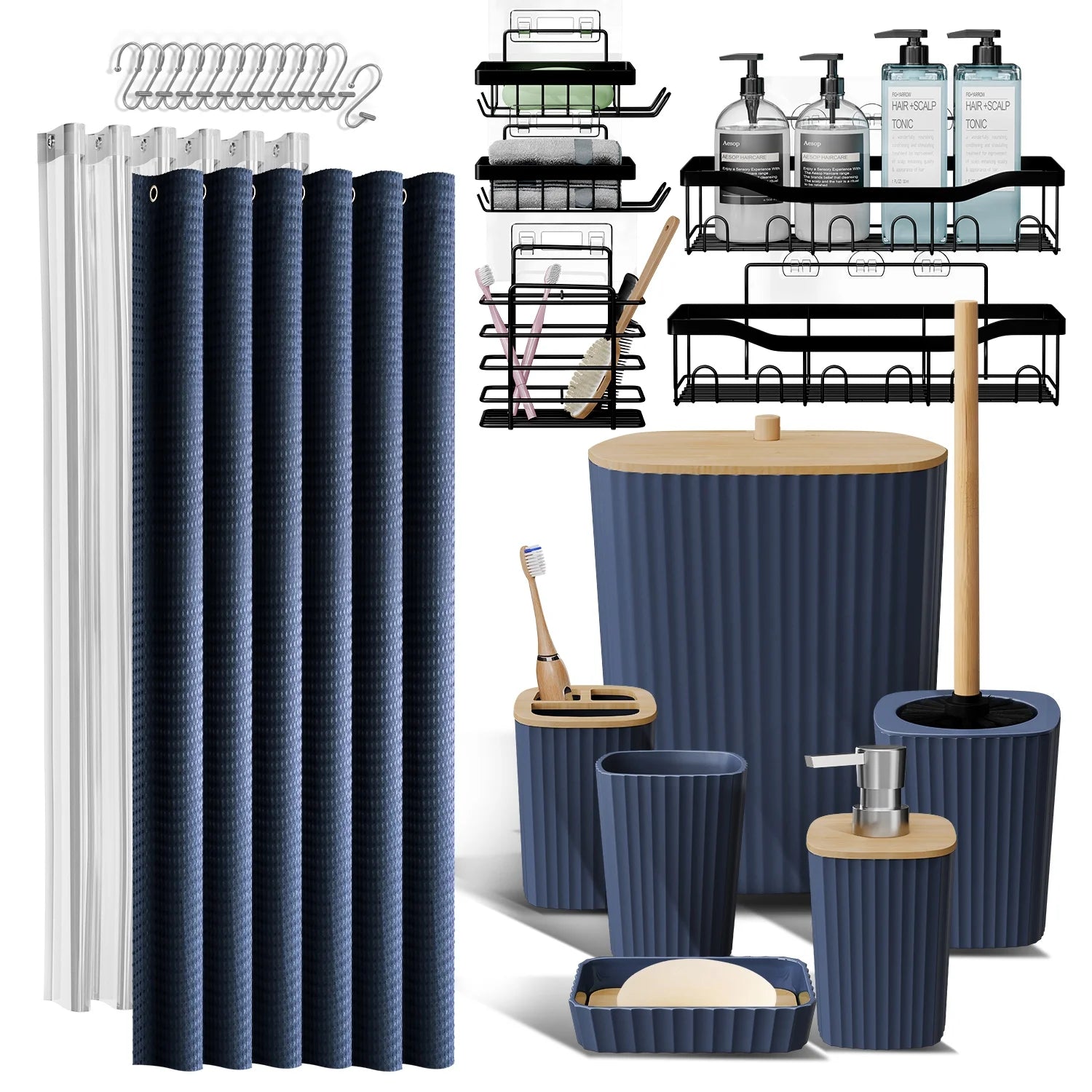 24 Piece Bamboo Bathroom Sets, Navy Blue Bathroom Accessories Set and Shower Caddy Set
