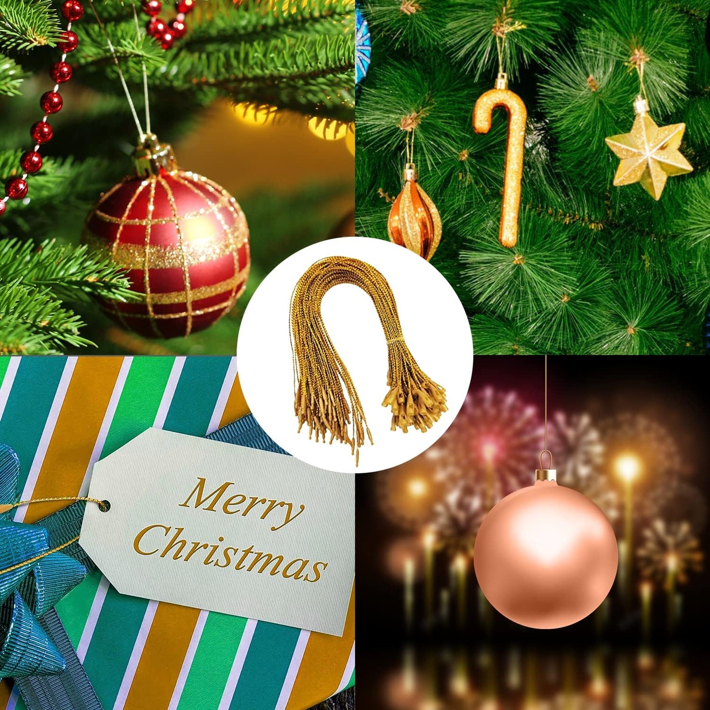 Christmas Ornaments Hanger String 200Pcs Gold Ribbon Ornament Hook Ropes Precut String with Snaps Locking for Xmas Ornament Hanging Decorations