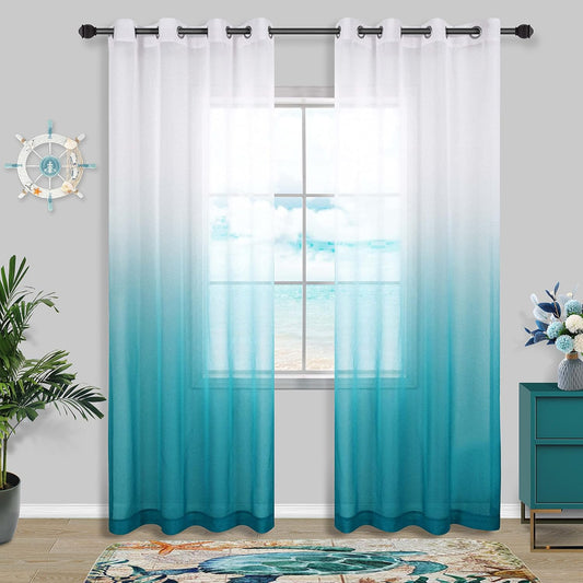Teal Curtains 84 Inch Length for Bedroom Coastal Decor Pair Set 2 Panels Ombre Aqua Blue Turquoise Gradient Grommet Window Sheer Transparent Beach Curtains for Living Room Dining 52X84 Long