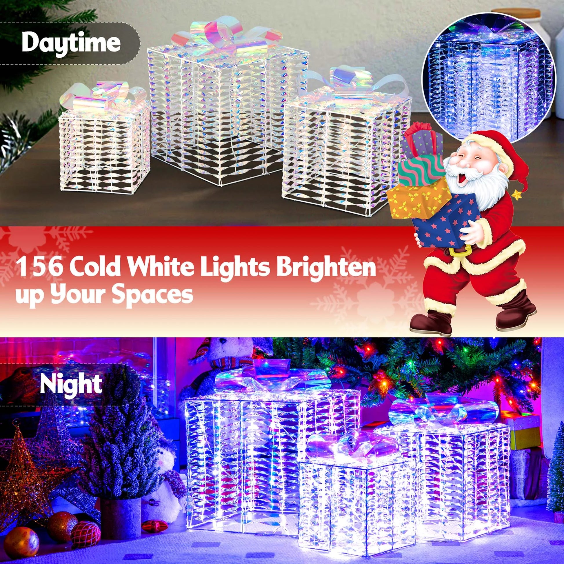 Set of 3 Iridescent Christmas Gift Box LED Lighted Present Box Decoration Yard