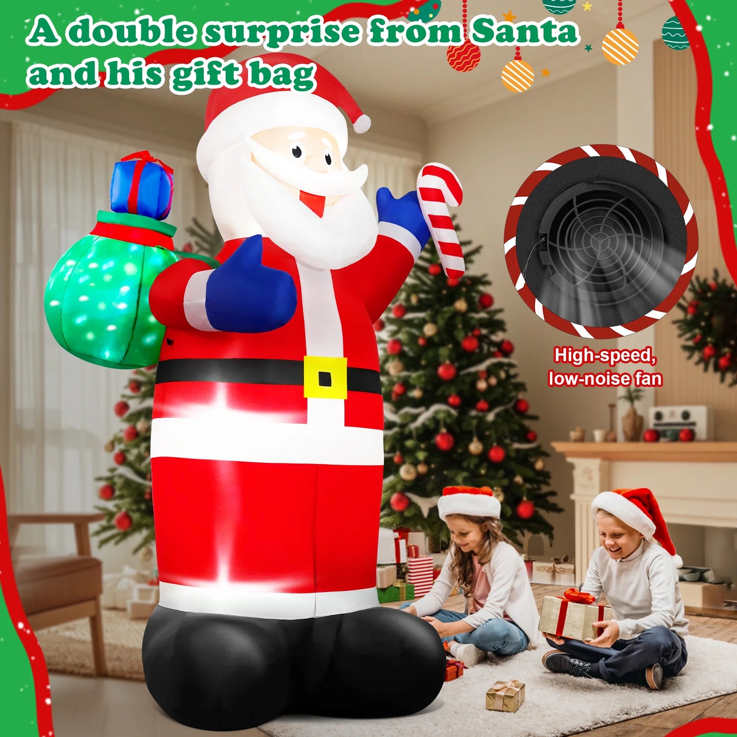 8FT Christmas Inflatable Santa Claus Outdoor Decorations,Blow up Santa Claus with Gifts Bag, Built-In Brilliant LED Lights Xmas Inflatables Yard Decor