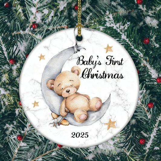 Baby'S First Christmas 2025 Boy Bear on the Moon Baby Ornament Christmas Wedding Decoration Baby Ornament Newlywed 2025 (Yellow and White Baby Bear)