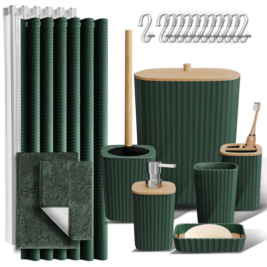 22 Piece Bamboo Bathroom Sets, Hunter Green Bathroom Accessories Sets for Minimalistic Bathroom Décor